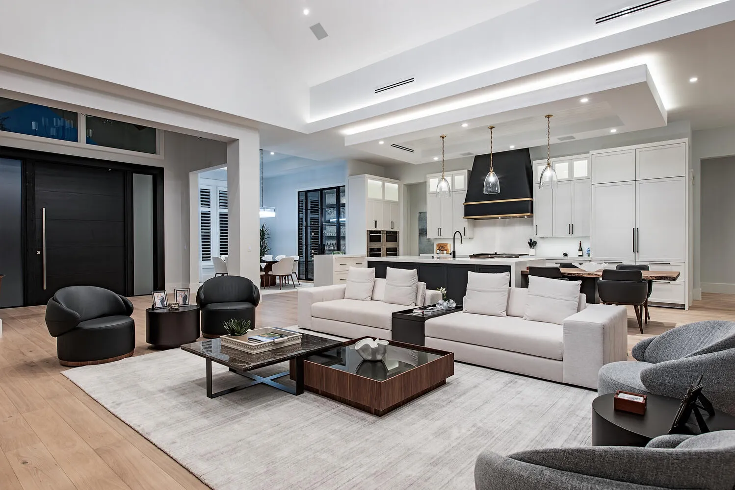 Coach House Lane Residence III: great room fireplace night